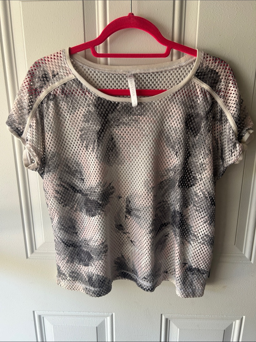 Fabletics Beige and Black Mesh Short Sleeve Top